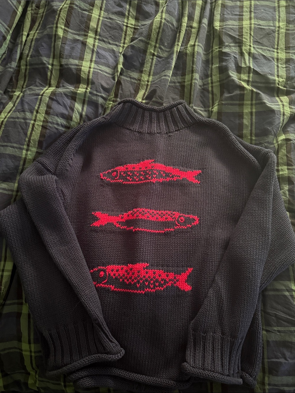 J. Crew Black Crewneck Sweater with Red Fish Motif on Back